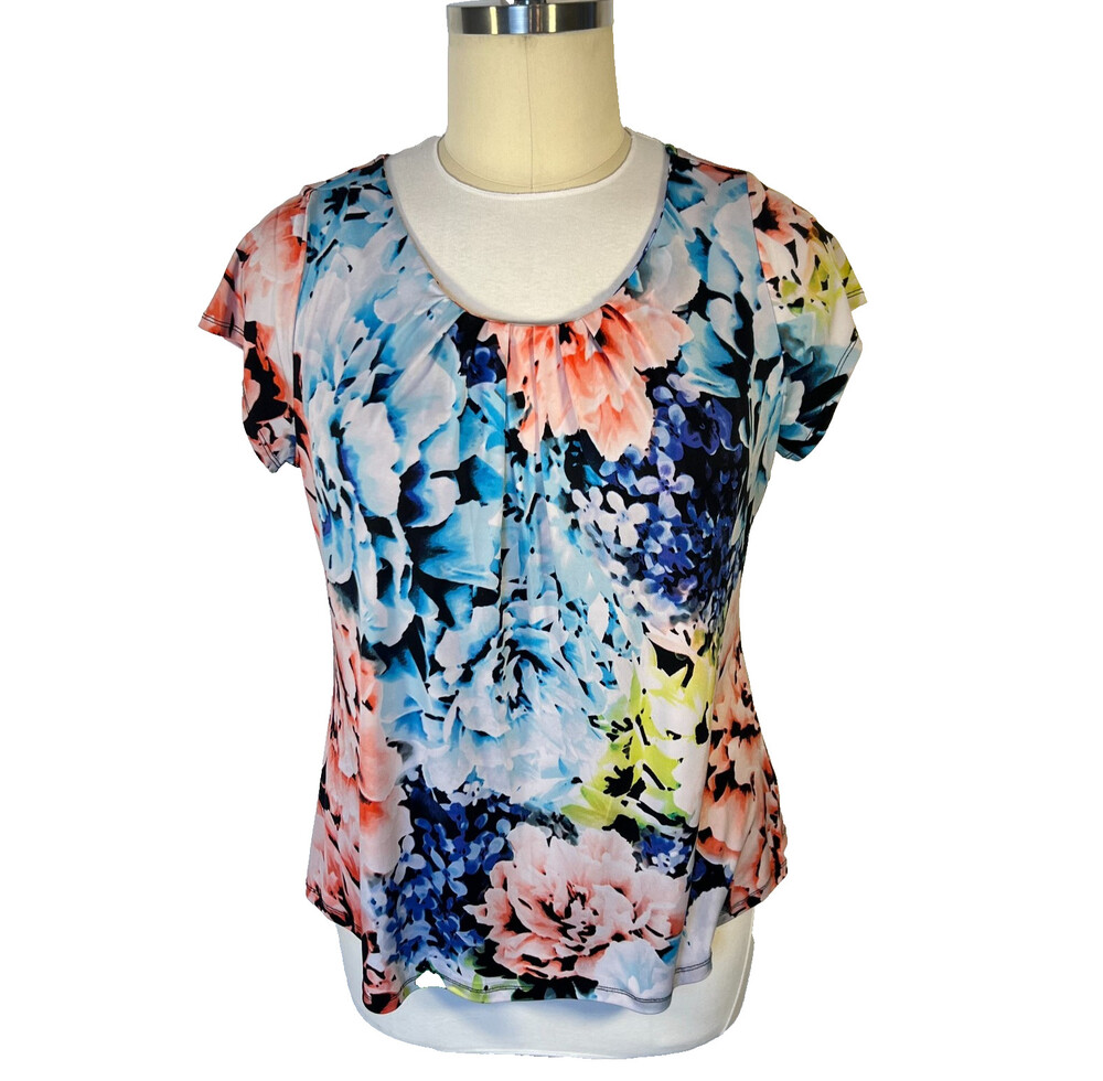 Worthington Women's 2X Knit Top Blouse Pleated Round Neck Short Sleeve Abstract